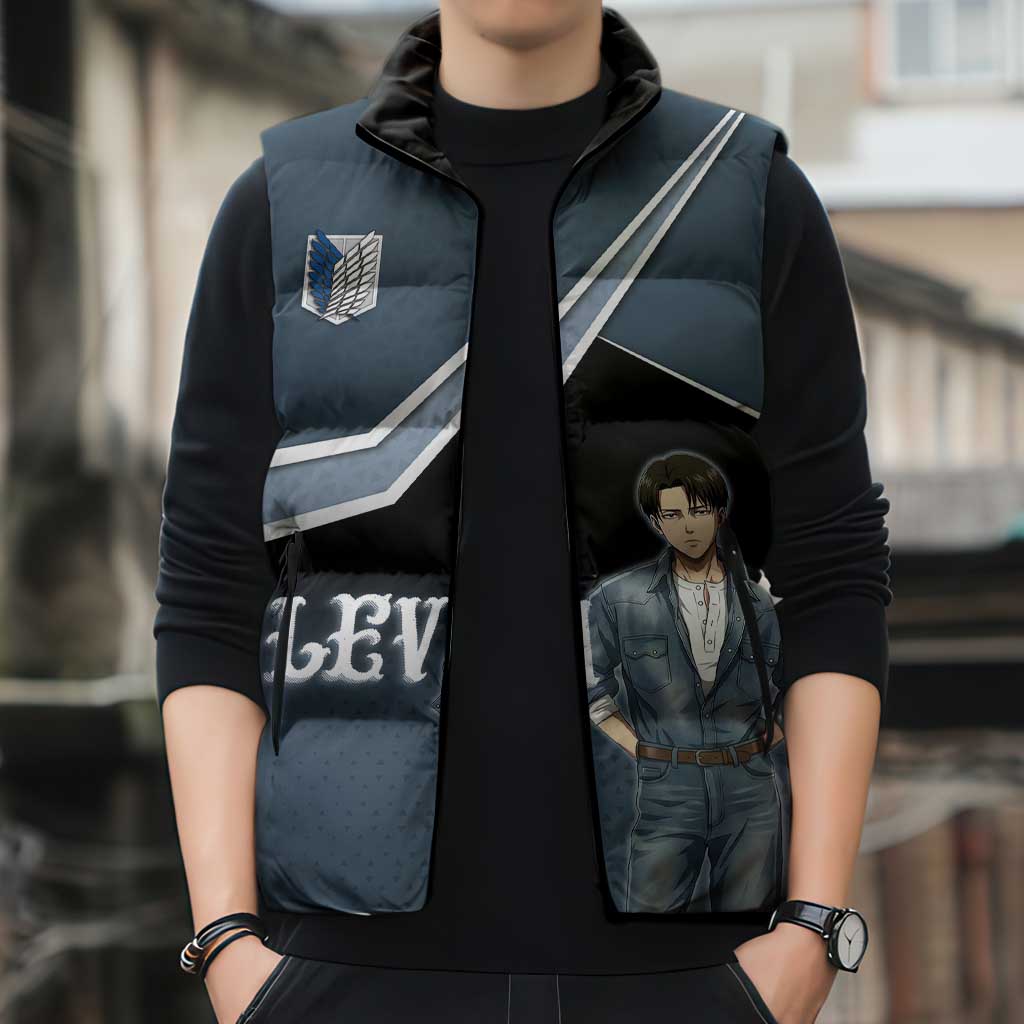 Levi Attack on Titan Sleeveless Puffer Jacket Anime Denim Illustration