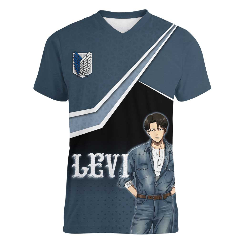 Levi Attack on Titan Women V-Neck T-Shirt Anime Denim Illustration