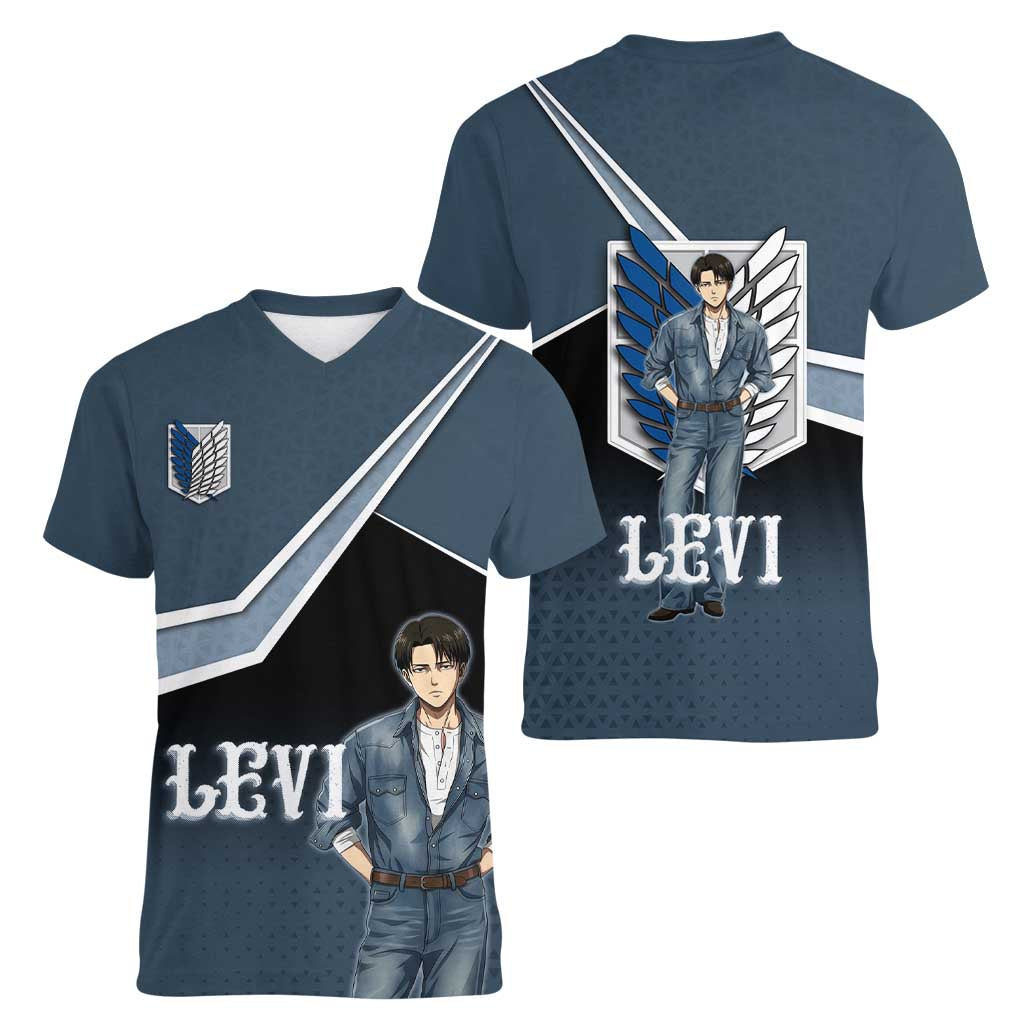 Levi Attack on Titan Women V-Neck T-Shirt Anime Denim Illustration