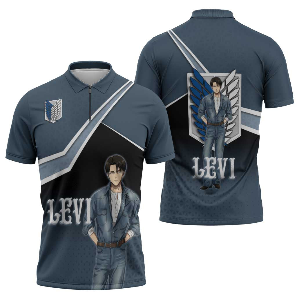 Levi Attack on Titan Zipper Polo Shirt Anime Denim Illustration