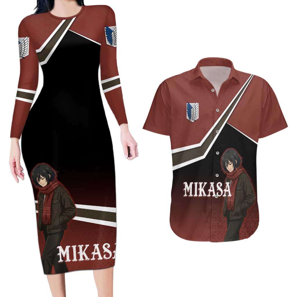 Mikasa Attack on Titan Couples Matching Long Sleeve Bodycon Dress and Hawaiian Shirt Anime Cozy Streetwear Art