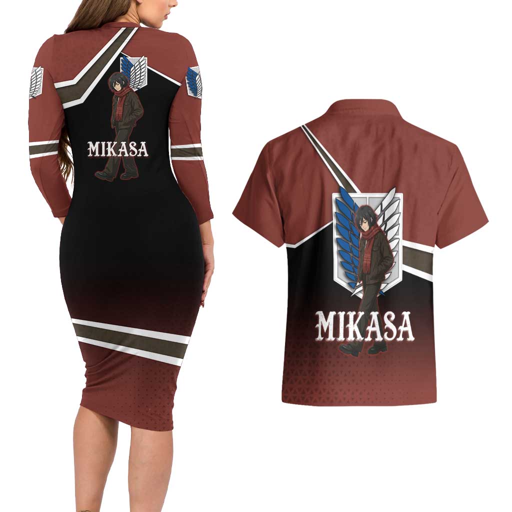 Mikasa Attack on Titan Couples Matching Long Sleeve Bodycon Dress and Hawaiian Shirt Anime Cozy Streetwear Art