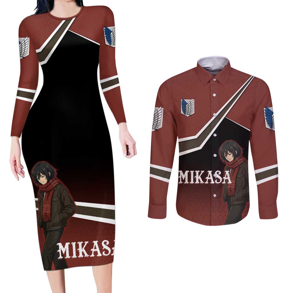 Mikasa Attack on Titan Couples Matching Long Sleeve Bodycon Dress and Long Sleeve Button Shirt Anime Cozy Streetwear Art