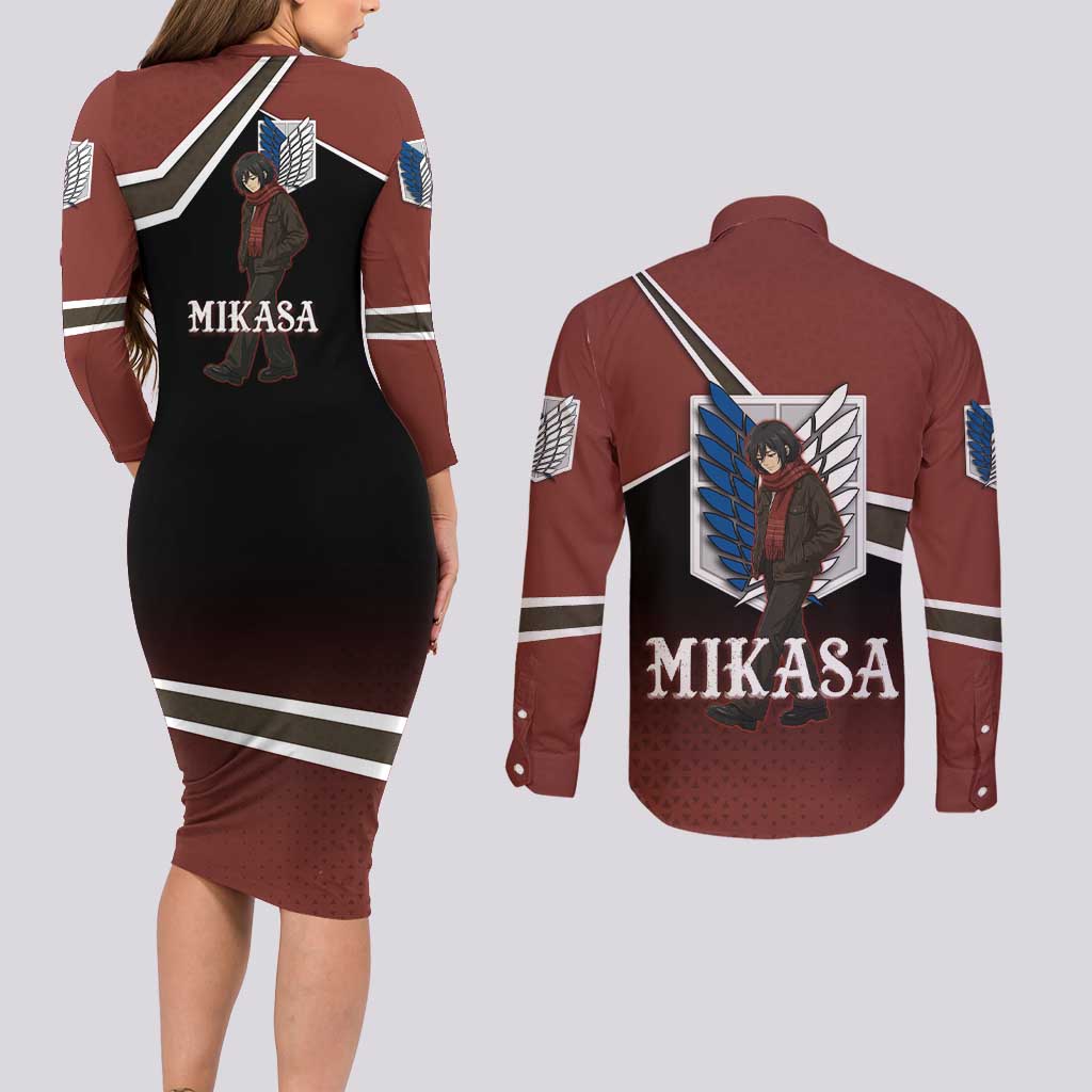 Mikasa Attack on Titan Couples Matching Long Sleeve Bodycon Dress and Long Sleeve Button Shirt Anime Cozy Streetwear Art