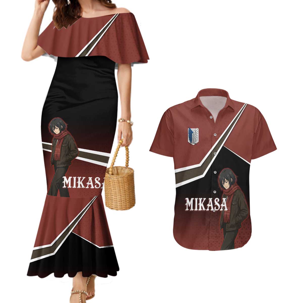 Mikasa Attack on Titan Couples Matching Mermaid Dress and Hawaiian Shirt Anime Cozy Streetwear Art