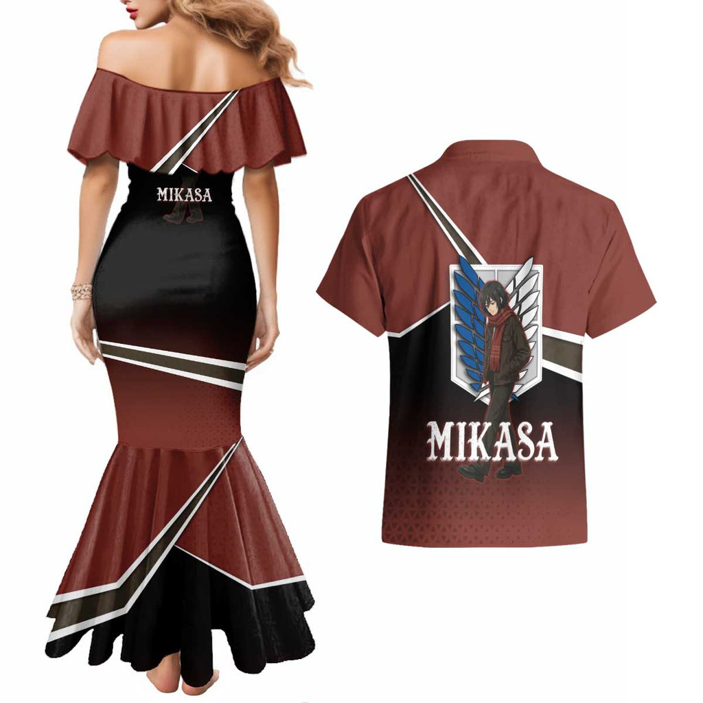 Mikasa Attack on Titan Couples Matching Mermaid Dress and Hawaiian Shirt Anime Cozy Streetwear Art