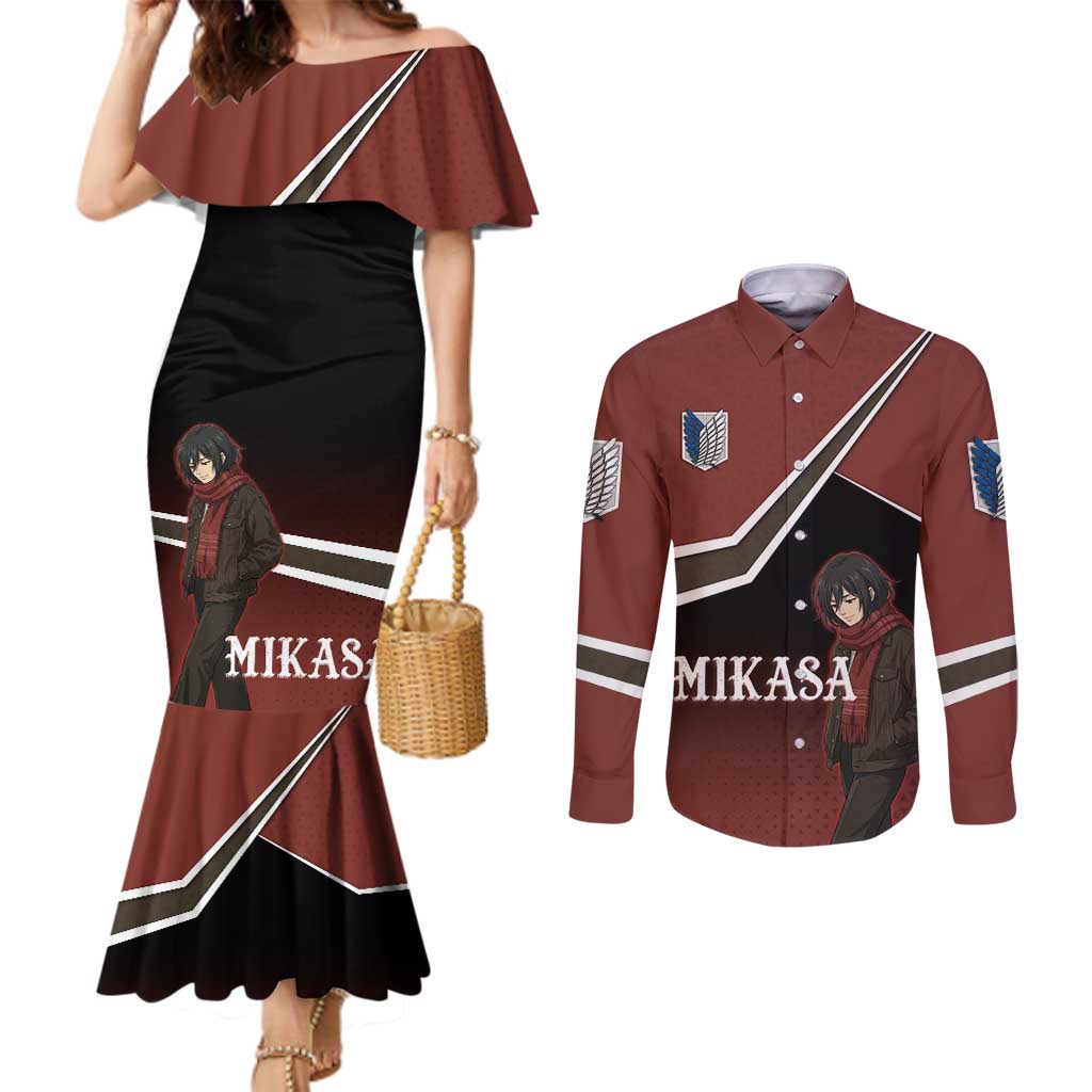 Mikasa Attack on Titan Couples Matching Mermaid Dress and Long Sleeve Button Shirt Anime Cozy Streetwear Art