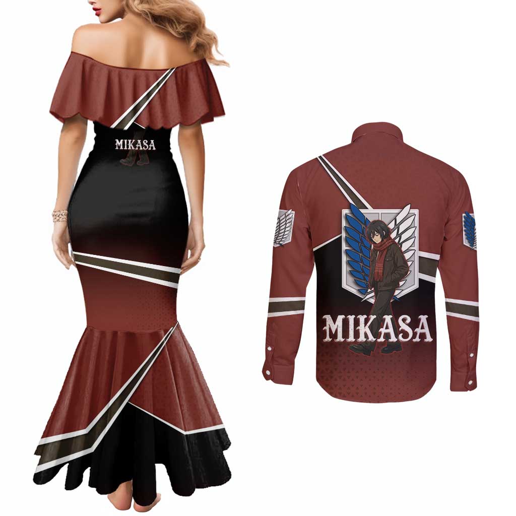 Mikasa Attack on Titan Couples Matching Mermaid Dress and Long Sleeve Button Shirt Anime Cozy Streetwear Art