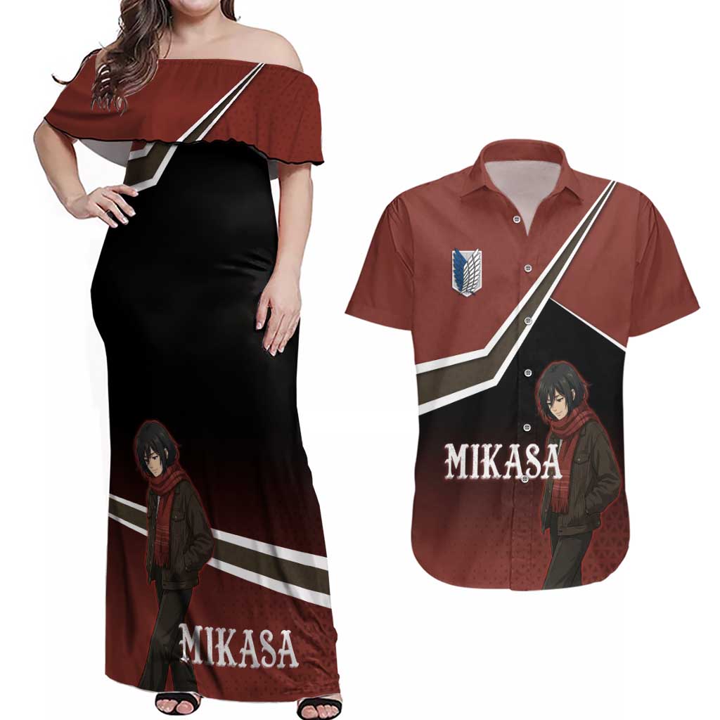 Mikasa Attack on Titan Couples Matching Off Shoulder Maxi Dress and Hawaiian Shirt Anime Cozy Streetwear Art