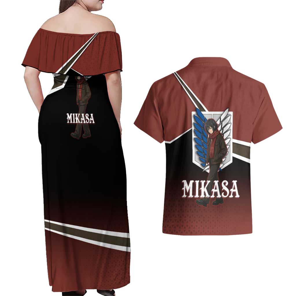 Mikasa Attack on Titan Couples Matching Off Shoulder Maxi Dress and Hawaiian Shirt Anime Cozy Streetwear Art