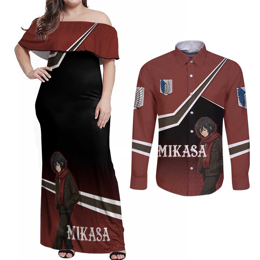 Mikasa Attack on Titan Couples Matching Off Shoulder Maxi Dress and Long Sleeve Button Shirt Anime Cozy Streetwear Art