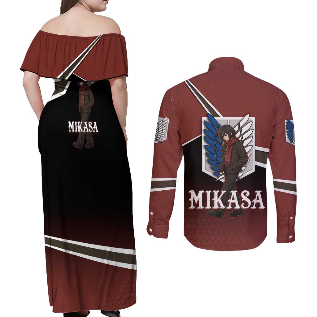 Mikasa Attack on Titan Couples Matching Off Shoulder Maxi Dress and Long Sleeve Button Shirt Anime Cozy Streetwear Art