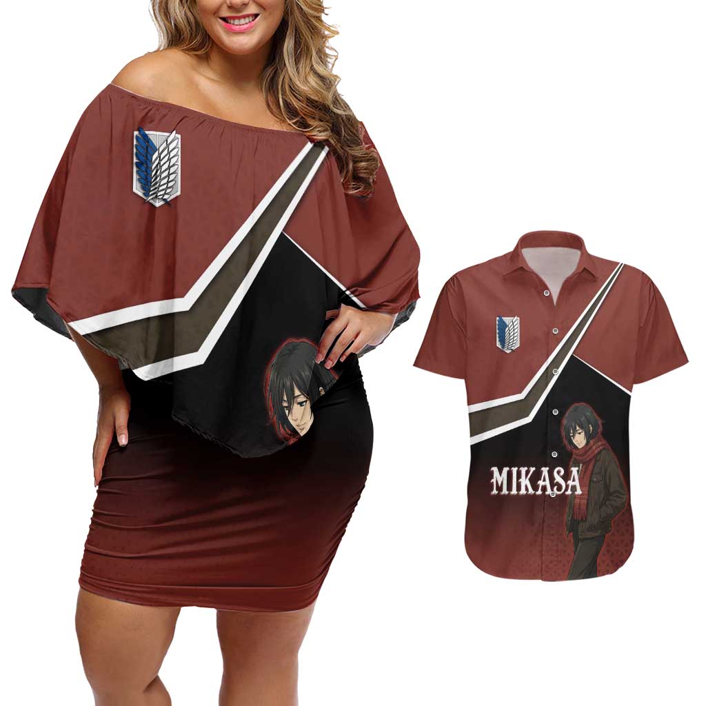Mikasa Attack on Titan Couples Matching Off Shoulder Short Dress and Hawaiian Shirt Anime Cozy Streetwear Art