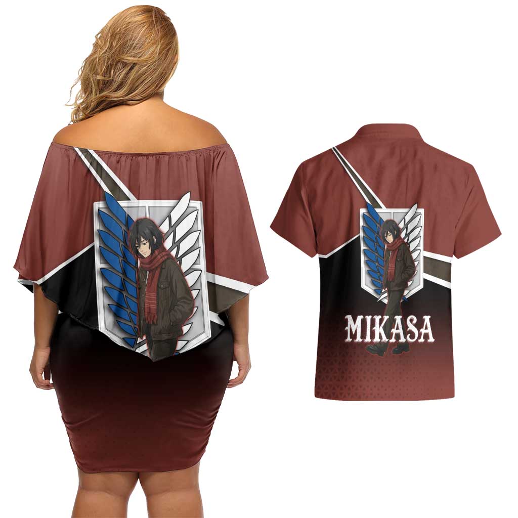 Mikasa Attack on Titan Couples Matching Off Shoulder Short Dress and Hawaiian Shirt Anime Cozy Streetwear Art