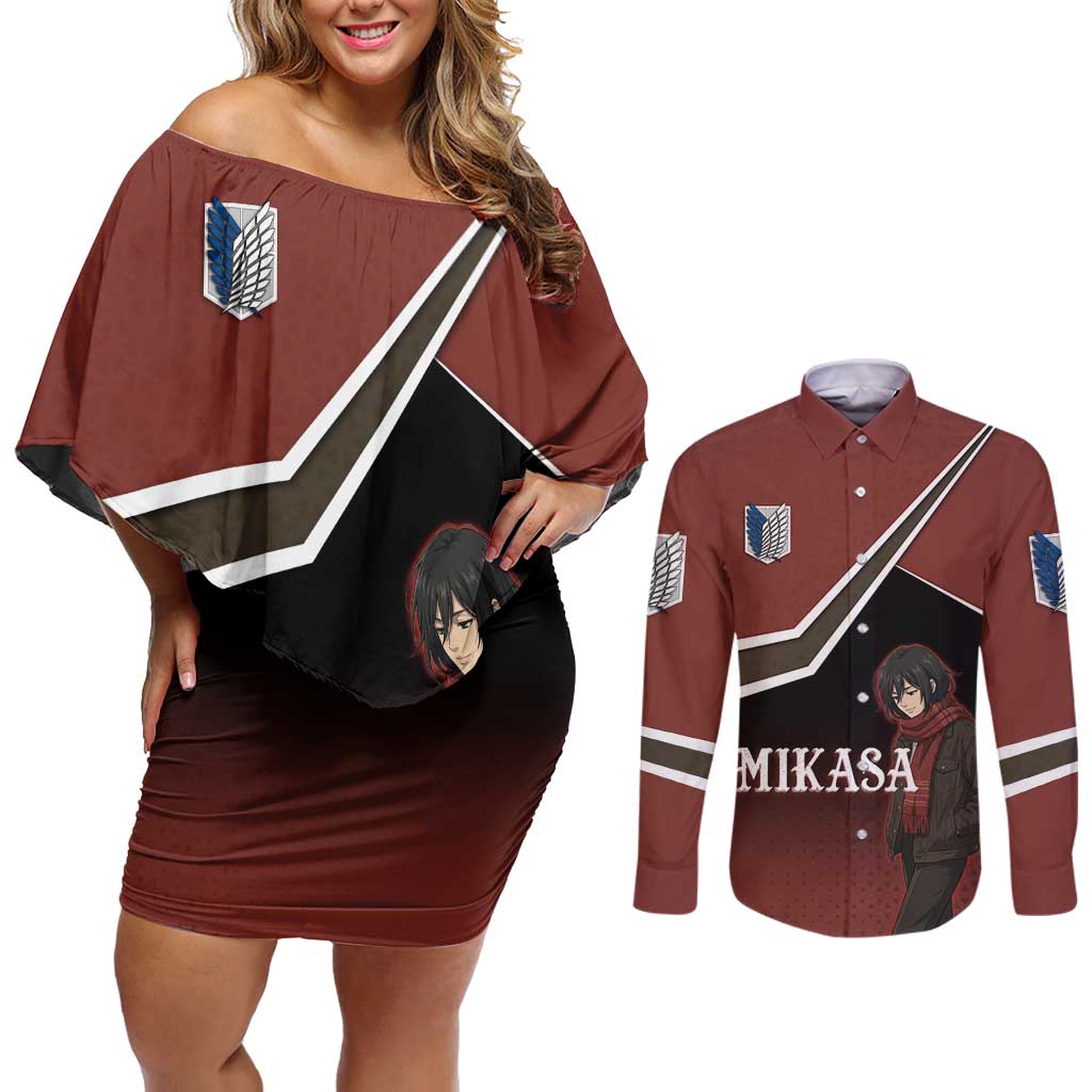 Mikasa Attack on Titan Couples Matching Off Shoulder Short Dress and Long Sleeve Button Shirt Anime Cozy Streetwear Art