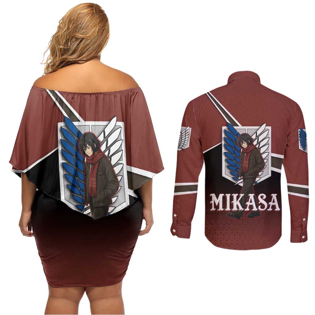 Mikasa Attack on Titan Couples Matching Off Shoulder Short Dress and Long Sleeve Button Shirt Anime Cozy Streetwear Art