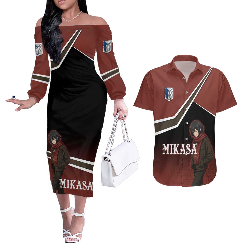 Mikasa Attack on Titan Couples Matching Off The Shoulder Long Sleeve Dress and Hawaiian Shirt Anime Cozy Streetwear Art