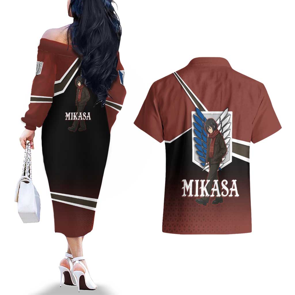 Mikasa Attack on Titan Couples Matching Off The Shoulder Long Sleeve Dress and Hawaiian Shirt Anime Cozy Streetwear Art