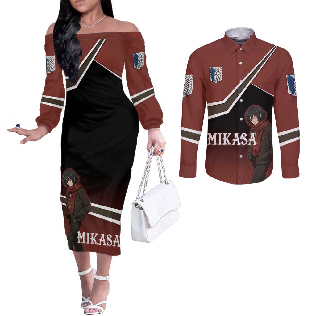 Mikasa Attack on Titan Couples Matching Off The Shoulder Long Sleeve Dress and Long Sleeve Button Shirt Anime Cozy Streetwear Art