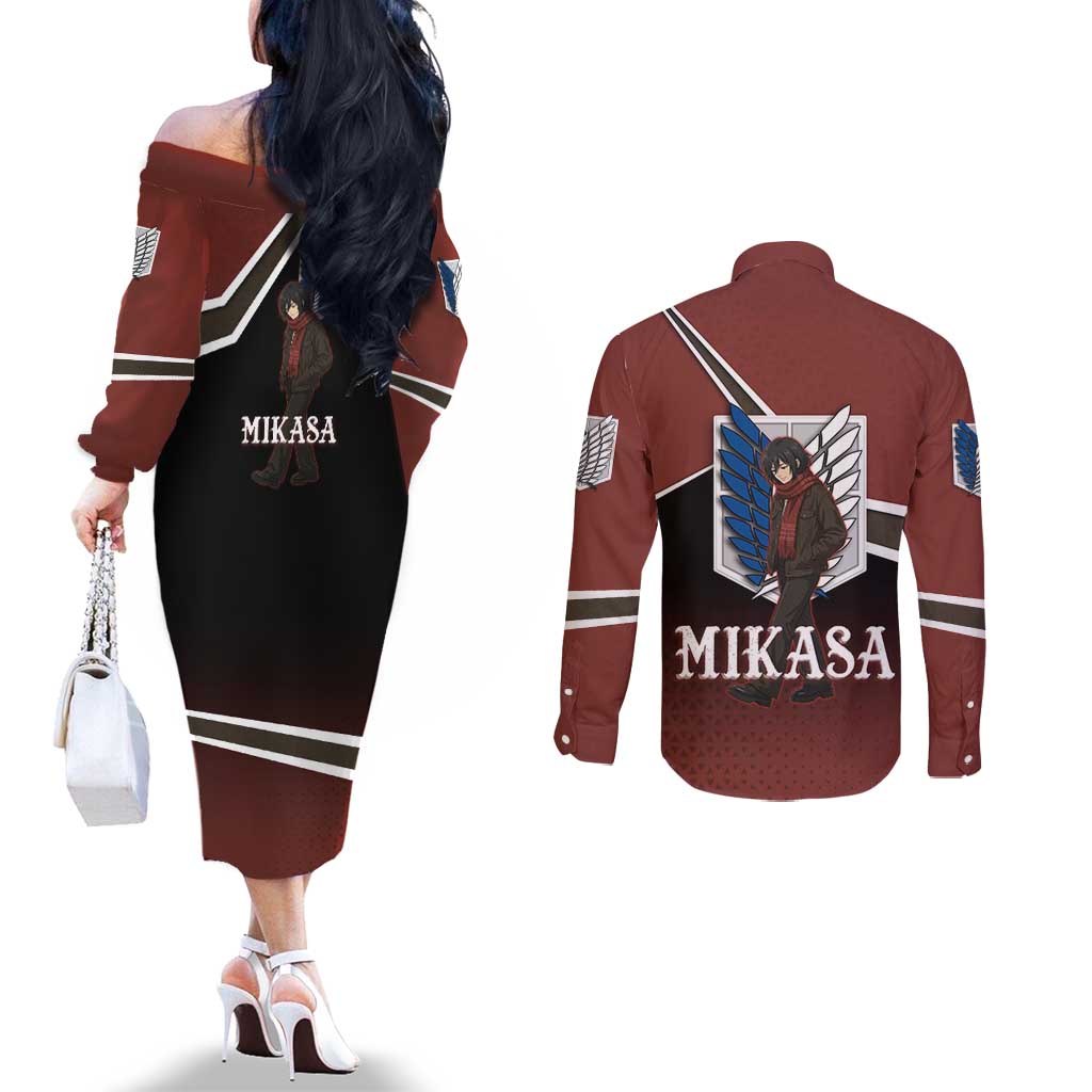 Mikasa Attack on Titan Couples Matching Off The Shoulder Long Sleeve Dress and Long Sleeve Button Shirt Anime Cozy Streetwear Art