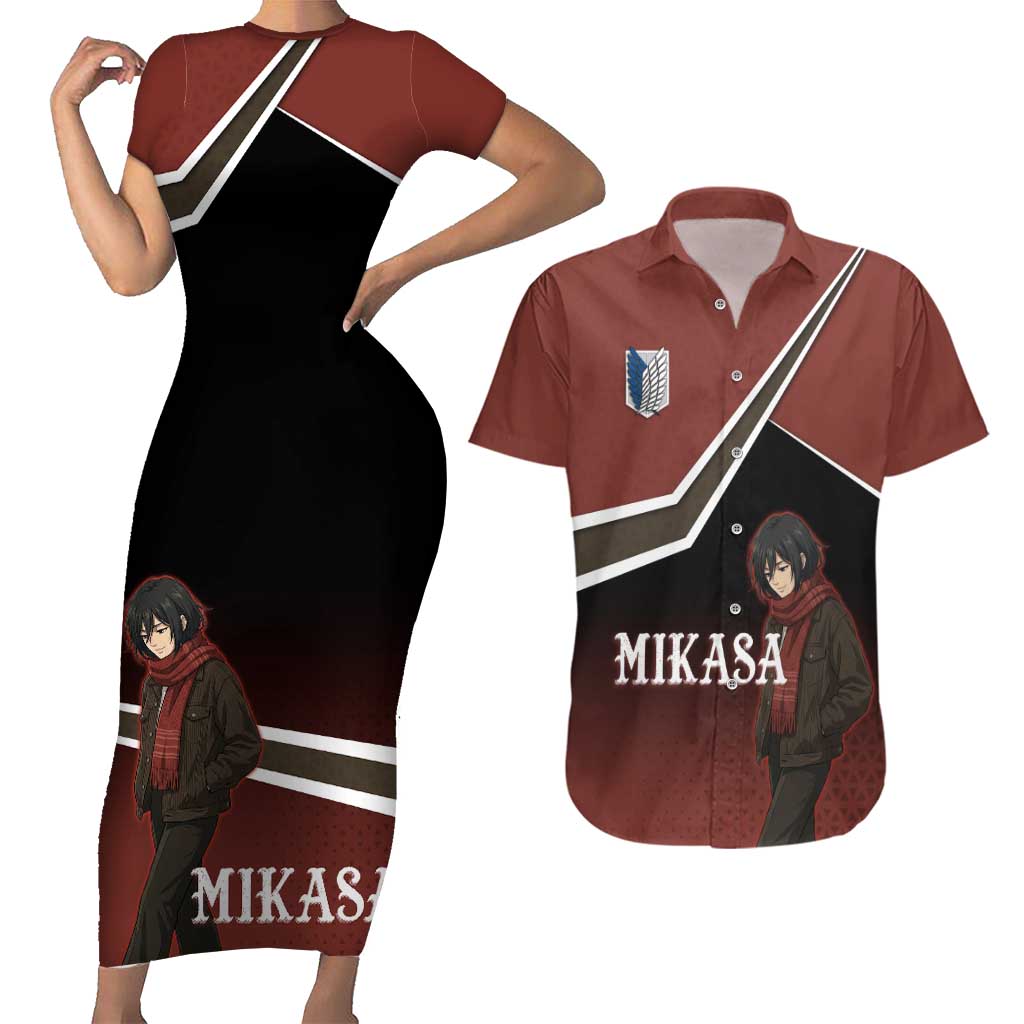 Mikasa Attack on Titan Couples Matching Short Sleeve Bodycon Dress and Hawaiian Shirt Anime Cozy Streetwear Art