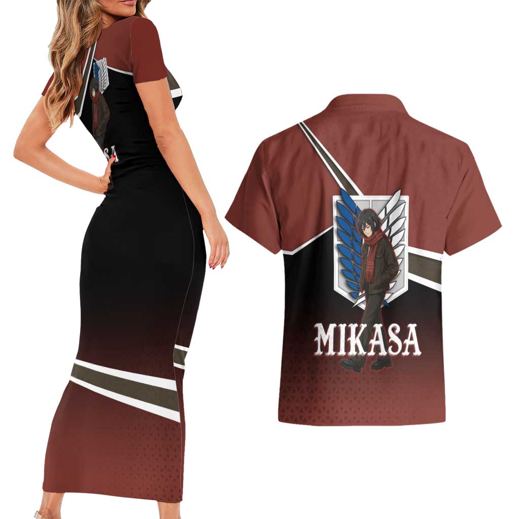 Mikasa Attack on Titan Couples Matching Short Sleeve Bodycon Dress and Hawaiian Shirt Anime Cozy Streetwear Art
