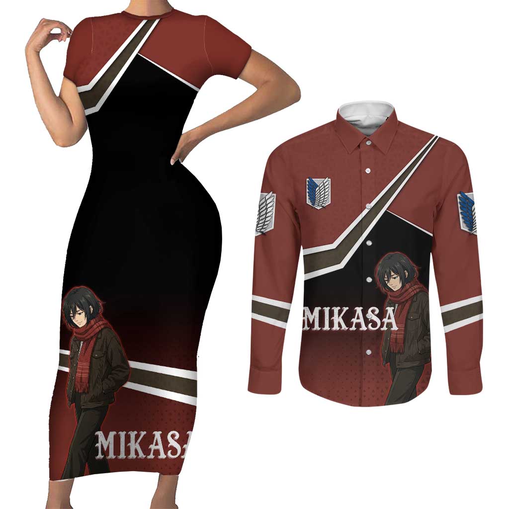 Mikasa Attack on Titan Couples Matching Short Sleeve Bodycon Dress and Long Sleeve Button Shirt Anime Cozy Streetwear Art