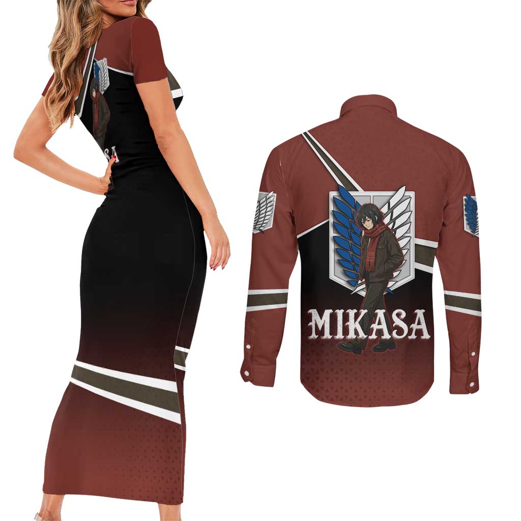 Mikasa Attack on Titan Couples Matching Short Sleeve Bodycon Dress and Long Sleeve Button Shirt Anime Cozy Streetwear Art