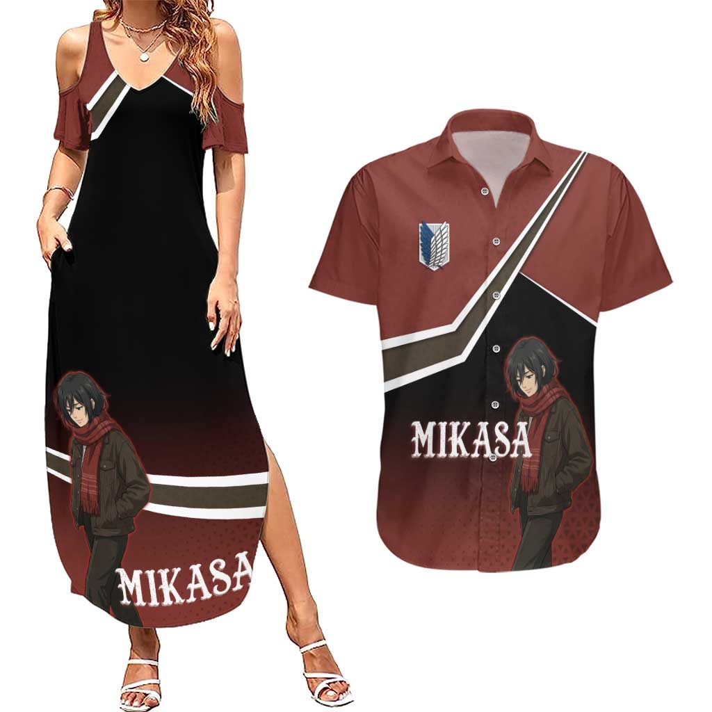 Mikasa Attack on Titan Couples Matching Summer Maxi Dress and Hawaiian Shirt Anime Cozy Streetwear Art