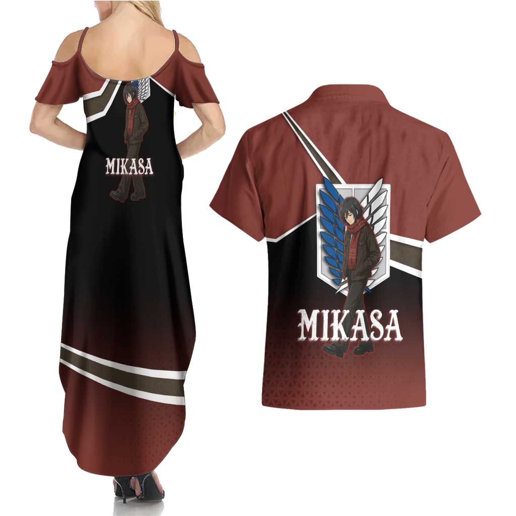 Mikasa Attack on Titan Couples Matching Summer Maxi Dress and Hawaiian Shirt Anime Cozy Streetwear Art