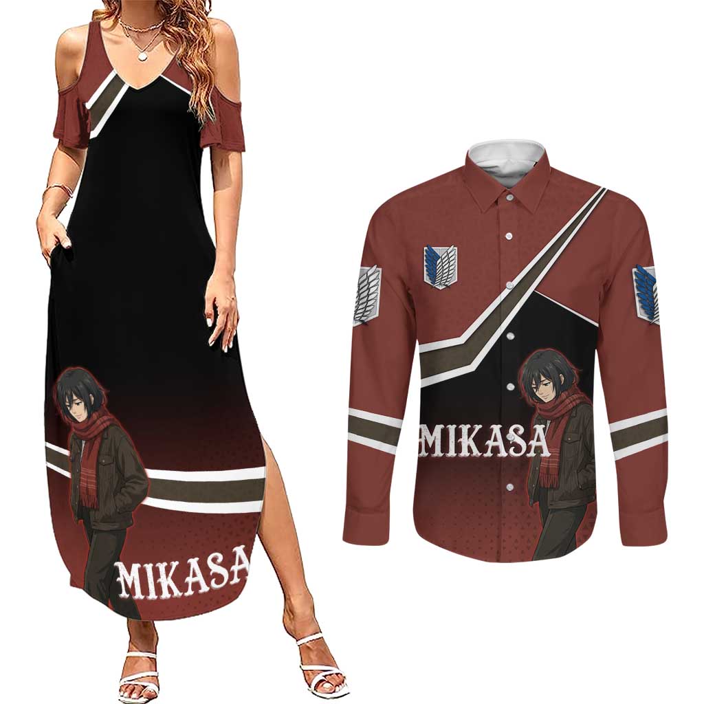 Mikasa Attack on Titan Couples Matching Summer Maxi Dress and Long Sleeve Button Shirt Anime Cozy Streetwear Art