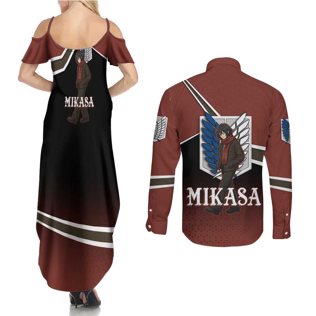 Mikasa Attack on Titan Couples Matching Summer Maxi Dress and Long Sleeve Button Shirt Anime Cozy Streetwear Art