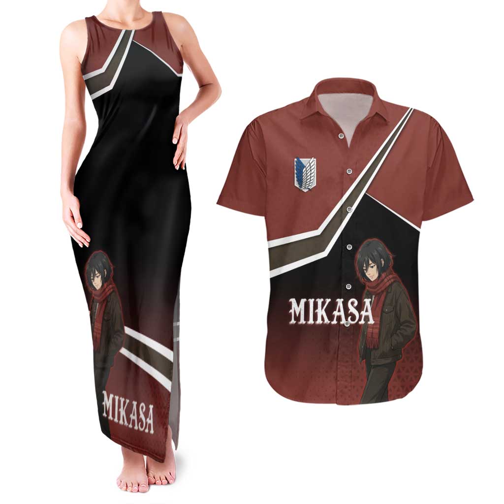 Mikasa Attack on Titan Couples Matching Tank Maxi Dress and Hawaiian Shirt Anime Cozy Streetwear Art