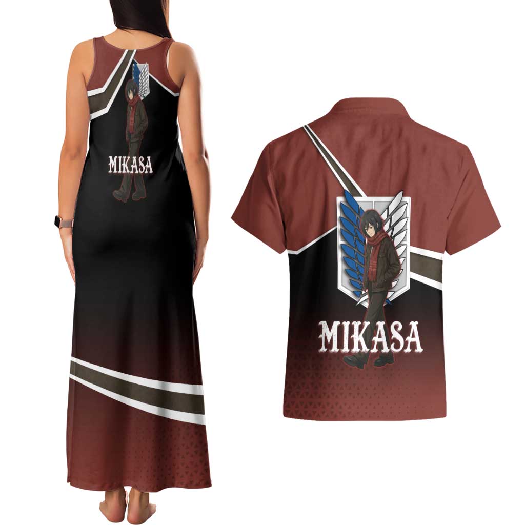 Mikasa Attack on Titan Couples Matching Tank Maxi Dress and Hawaiian Shirt Anime Cozy Streetwear Art