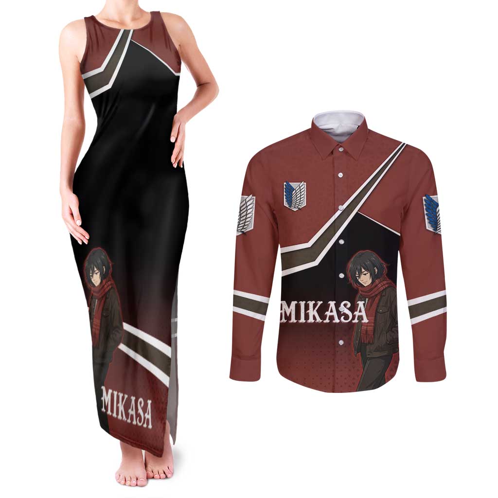 Mikasa Attack on Titan Couples Matching Tank Maxi Dress and Long Sleeve Button Shirt Anime Cozy Streetwear Art