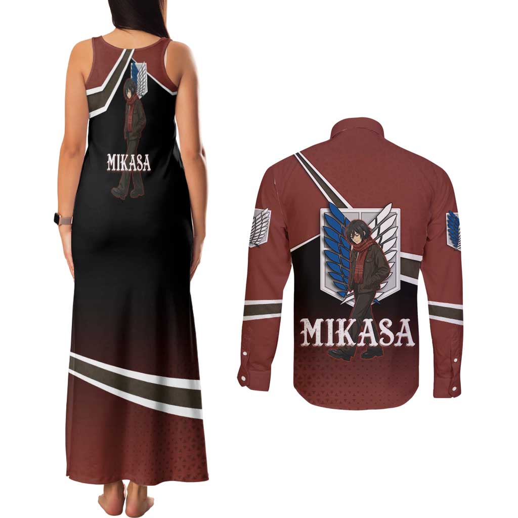 Mikasa Attack on Titan Couples Matching Tank Maxi Dress and Long Sleeve Button Shirt Anime Cozy Streetwear Art