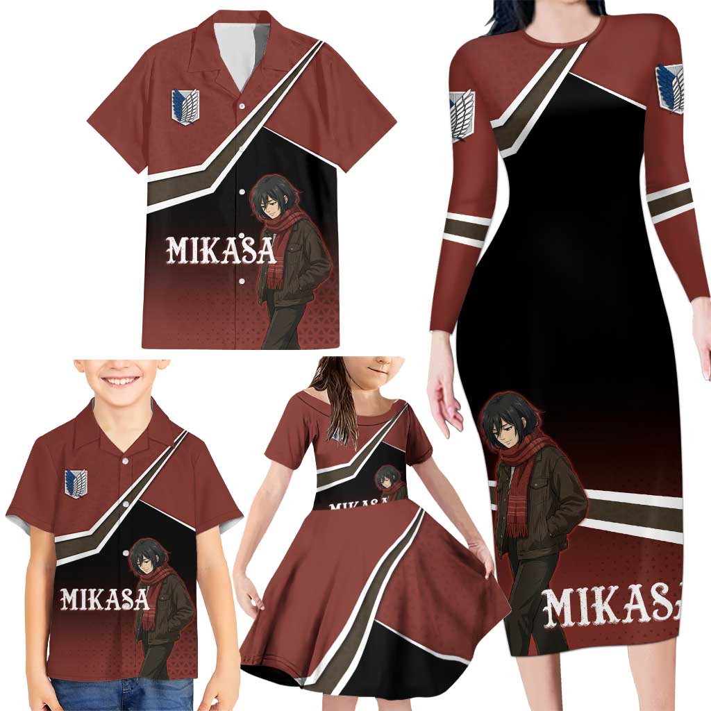 Mikasa Attack on Titan Family Matching Long Sleeve Bodycon Dress and Hawaiian Shirt Anime Cozy Streetwear Art