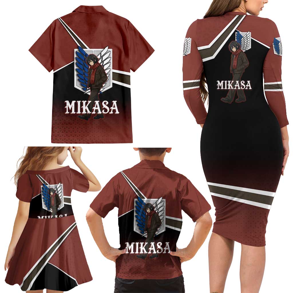 Mikasa Attack on Titan Family Matching Long Sleeve Bodycon Dress and Hawaiian Shirt Anime Cozy Streetwear Art