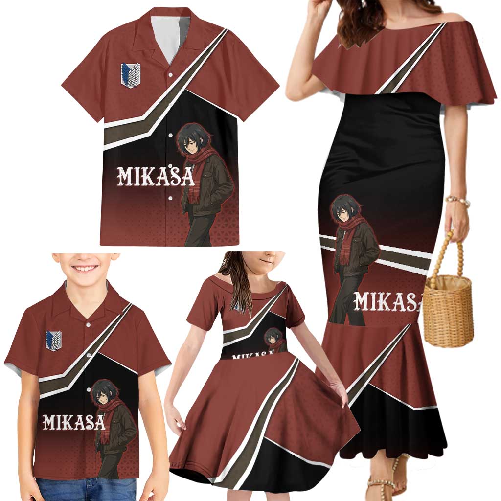 Mikasa Attack on Titan Family Matching Mermaid Dress and Hawaiian Shirt Anime Cozy Streetwear Art