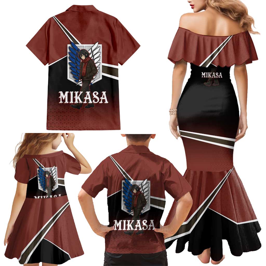 Mikasa Attack on Titan Family Matching Mermaid Dress and Hawaiian Shirt Anime Cozy Streetwear Art