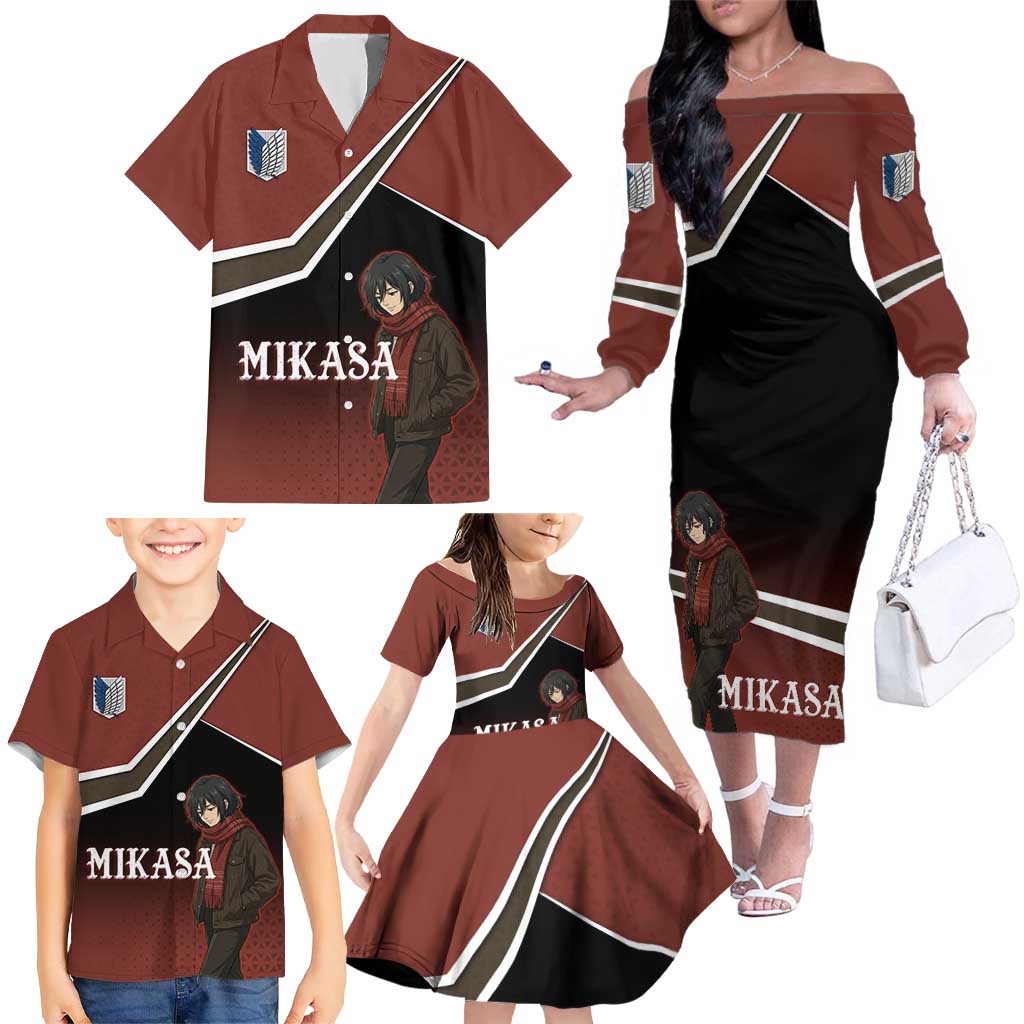 Mikasa Attack on Titan Family Matching Off The Shoulder Long Sleeve Dress and Hawaiian Shirt Anime Cozy Streetwear Art