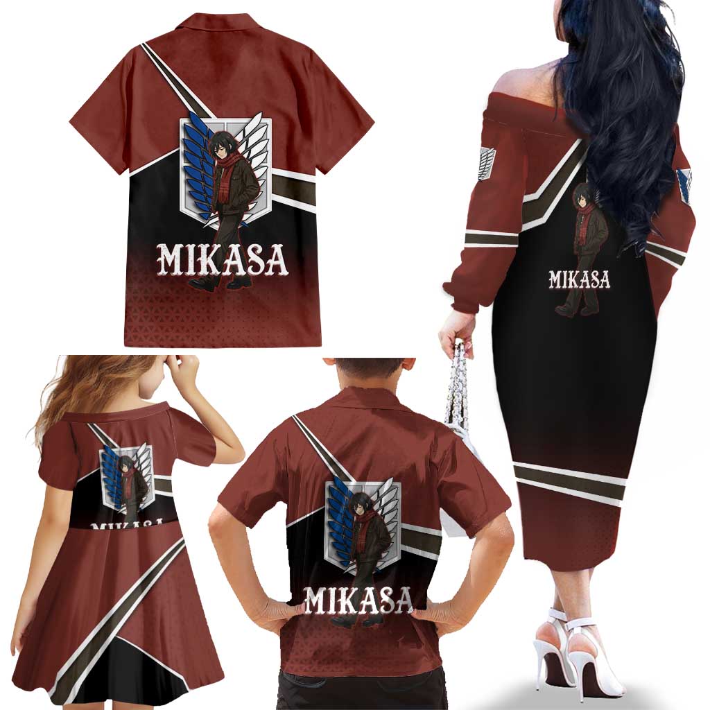 Mikasa Attack on Titan Family Matching Off The Shoulder Long Sleeve Dress and Hawaiian Shirt Anime Cozy Streetwear Art