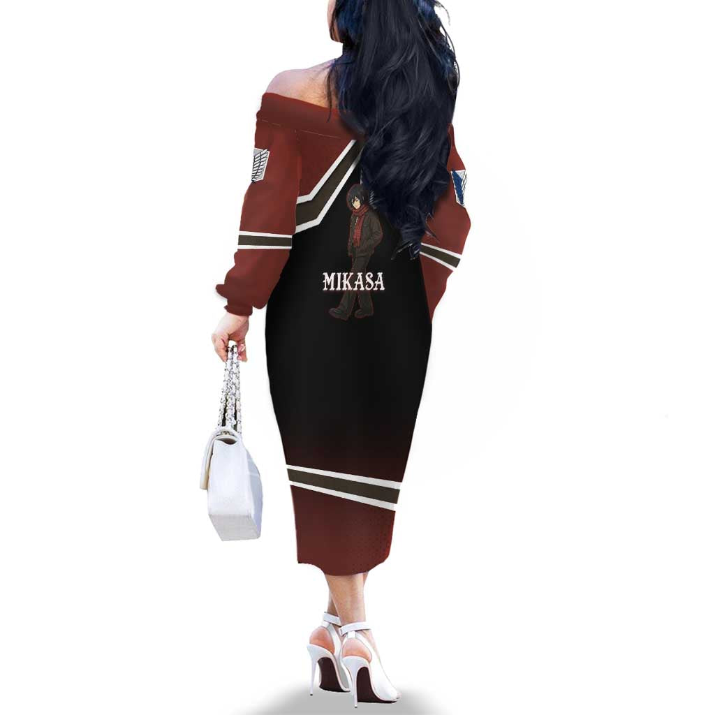 Mikasa Attack on Titan Family Matching Off The Shoulder Long Sleeve Dress and Hawaiian Shirt Anime Cozy Streetwear Art