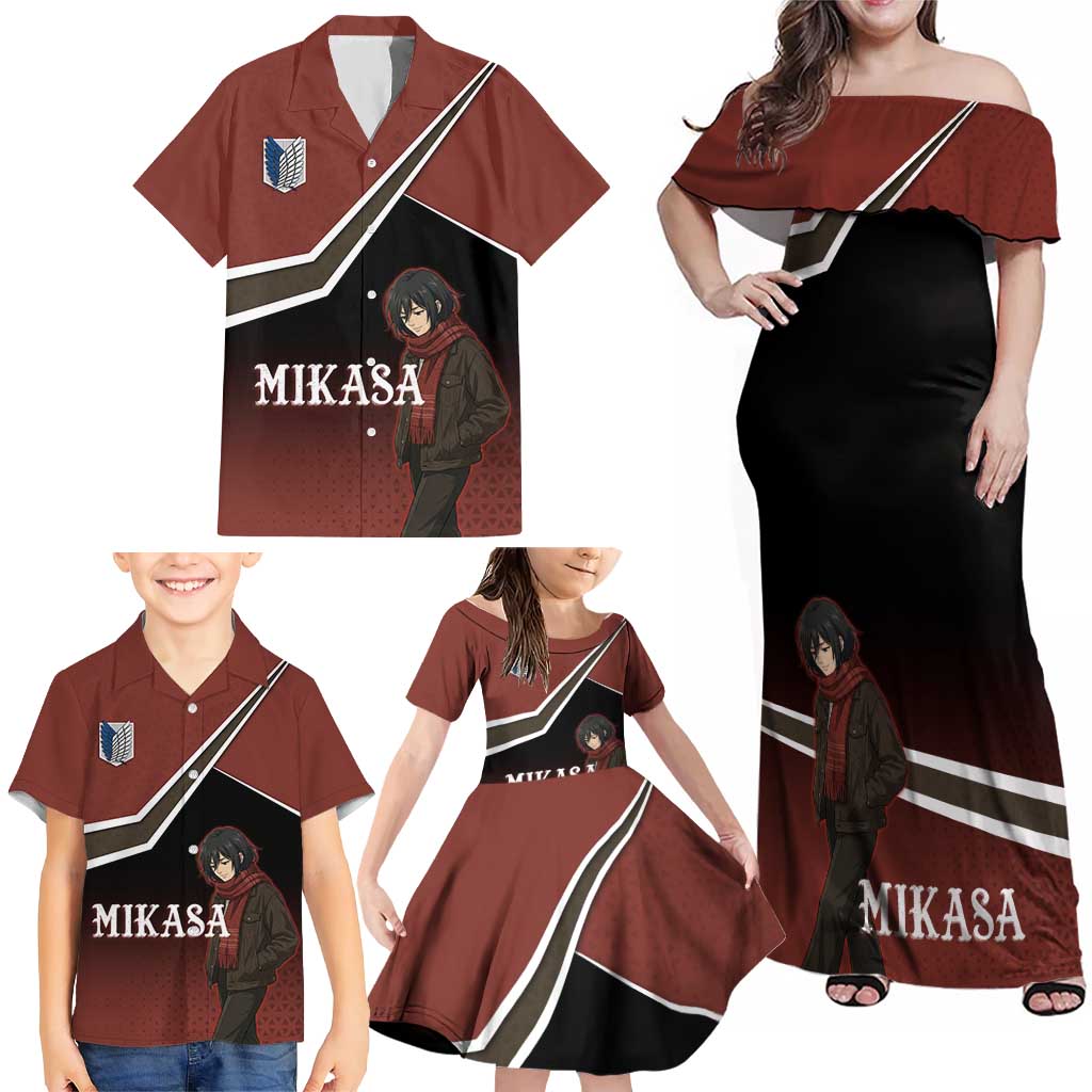 Mikasa Attack on Titan Family Matching Off Shoulder Maxi Dress and Hawaiian Shirt Anime Cozy Streetwear Art