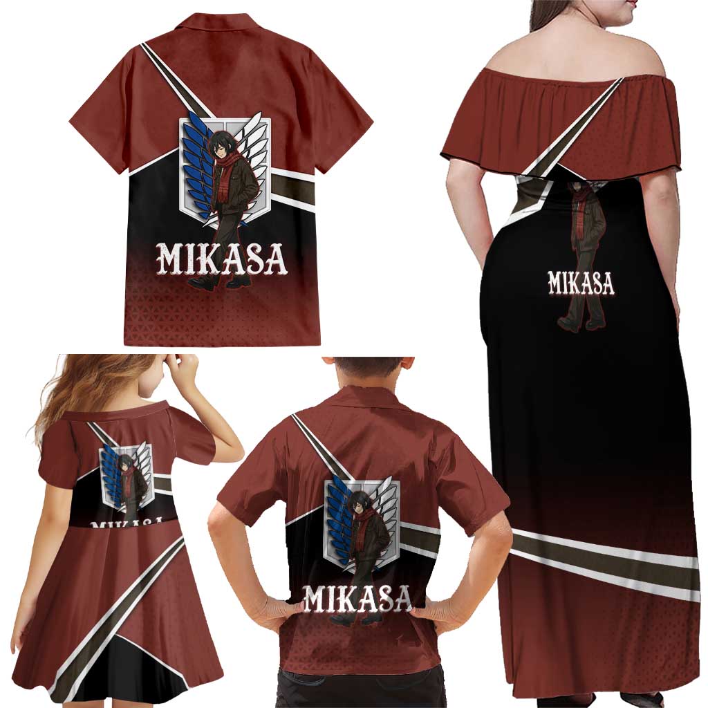Mikasa Attack on Titan Family Matching Off Shoulder Maxi Dress and Hawaiian Shirt Anime Cozy Streetwear Art