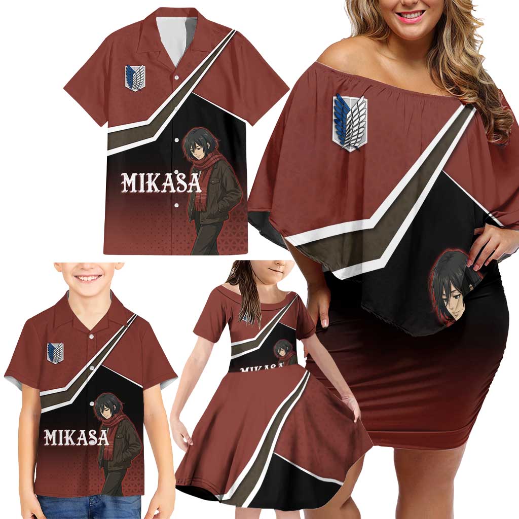 Mikasa Attack on Titan Family Matching Off Shoulder Short Dress and Hawaiian Shirt Anime Cozy Streetwear Art