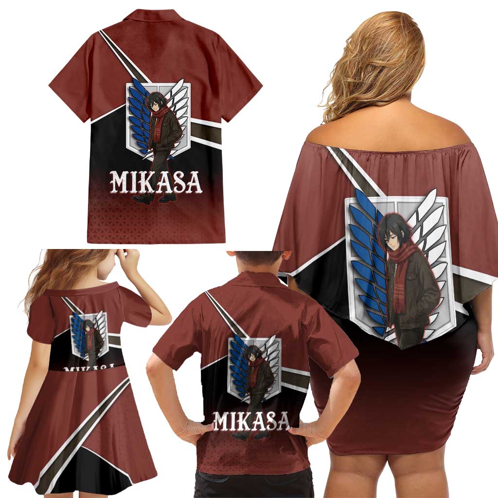 Mikasa Attack on Titan Family Matching Off Shoulder Short Dress and Hawaiian Shirt Anime Cozy Streetwear Art