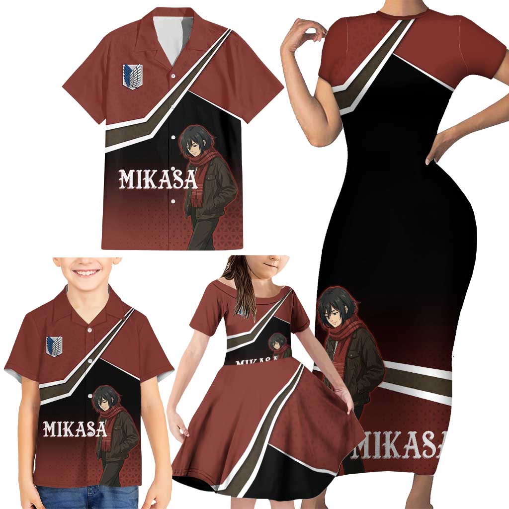 Mikasa Attack on Titan Family Matching Short Sleeve Bodycon Dress and Hawaiian Shirt Anime Cozy Streetwear Art