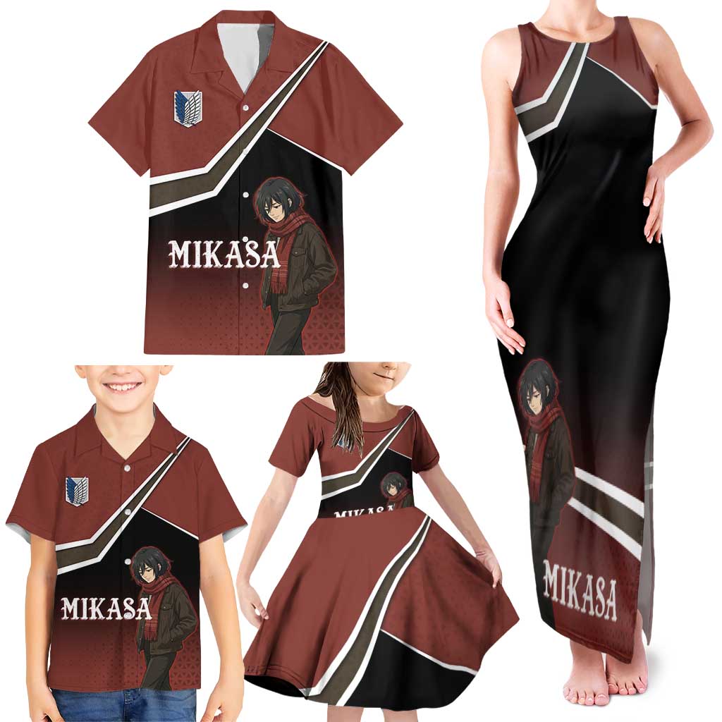 Mikasa Attack on Titan Family Matching Tank Maxi Dress and Hawaiian Shirt Anime Cozy Streetwear Art