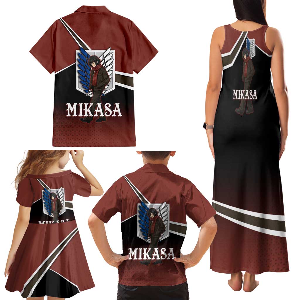 Mikasa Attack on Titan Family Matching Tank Maxi Dress and Hawaiian Shirt Anime Cozy Streetwear Art
